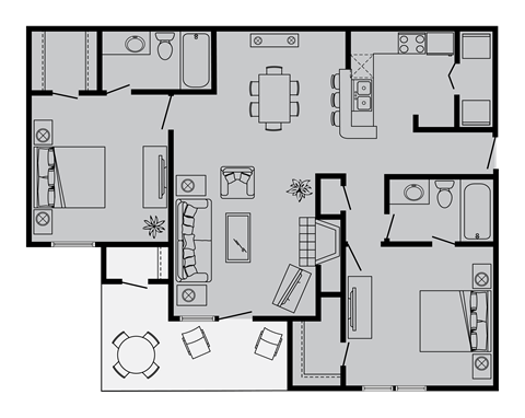 Floor plan for 2 beds, 2 baths, 1017 sqft